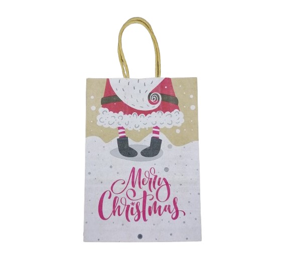 Festive Christmas Small Kraft Gift Bag with handles, Merry Christmas and Santa’s Feet design, eco-friendly recyclable packaging by Kay-T Lifestyle.