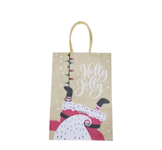 Christmas Kraft Gift Bag with Holly Jolly Upside Down Santa design, eco-friendly recyclable packaging by Kay-T Lifestyle for festive gifting.