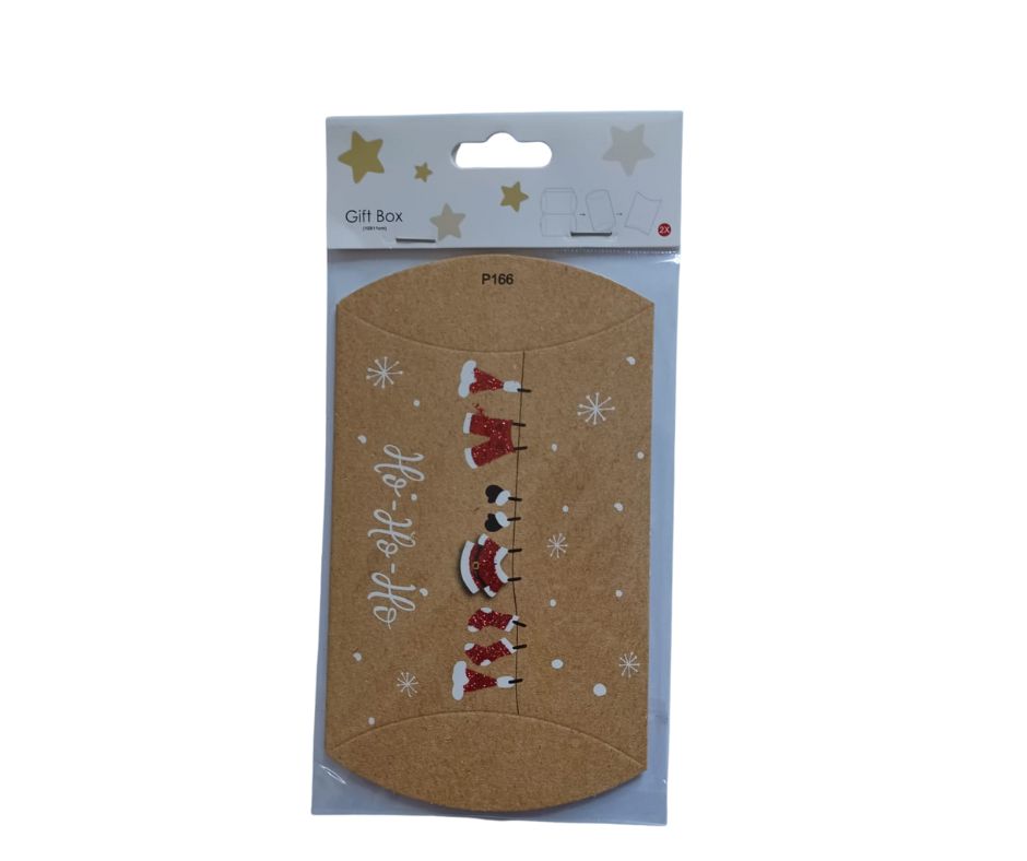 Festive Christmas Kraft Pillow Gift Box with Ho Ho Ho design and Santa wash-line Eco-friendly Festive Christmas Kraft Pillow Gift Box by Kay-T Lifestyle Festive Christmas Kraft Pillow Gift Box in black, white and glittery red
