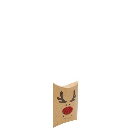 Festive 2-Piece Christmas Kraft Pillow Gift Box featuring Rudolph with a red glitter nose design, eco-friendly small gift packaging from Kay-T Lifestyle.